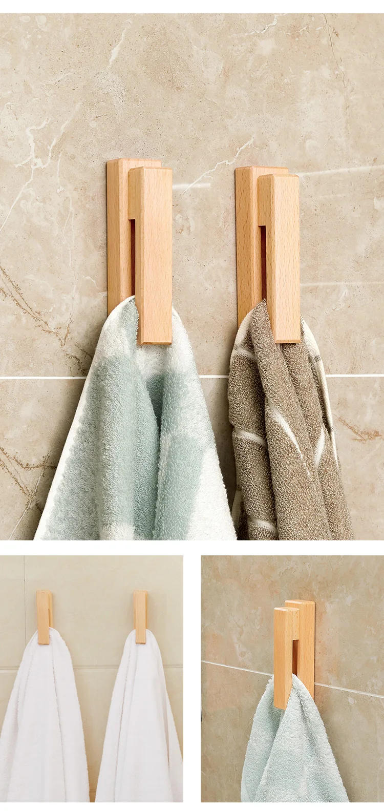 Description Picture 4 of itemNordic Walnut Beech Towel Hook Strong Viscose Wall Hanging Door Wooden Creativity Hook Free Punching Bathroom Home Hotel Storage