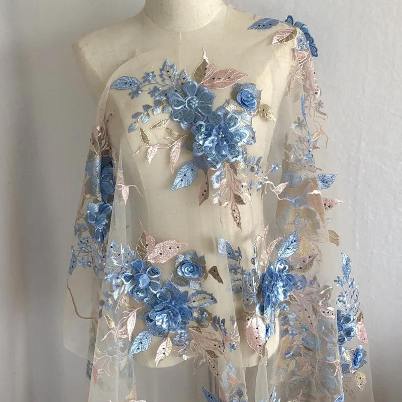 Description Picture 6 of item1Pc Colorful Lace Fabric Embroidered Wedding Gown Appliques Baroque Trims Collar Mesh Sew On Patches For Dress DIY Decoration