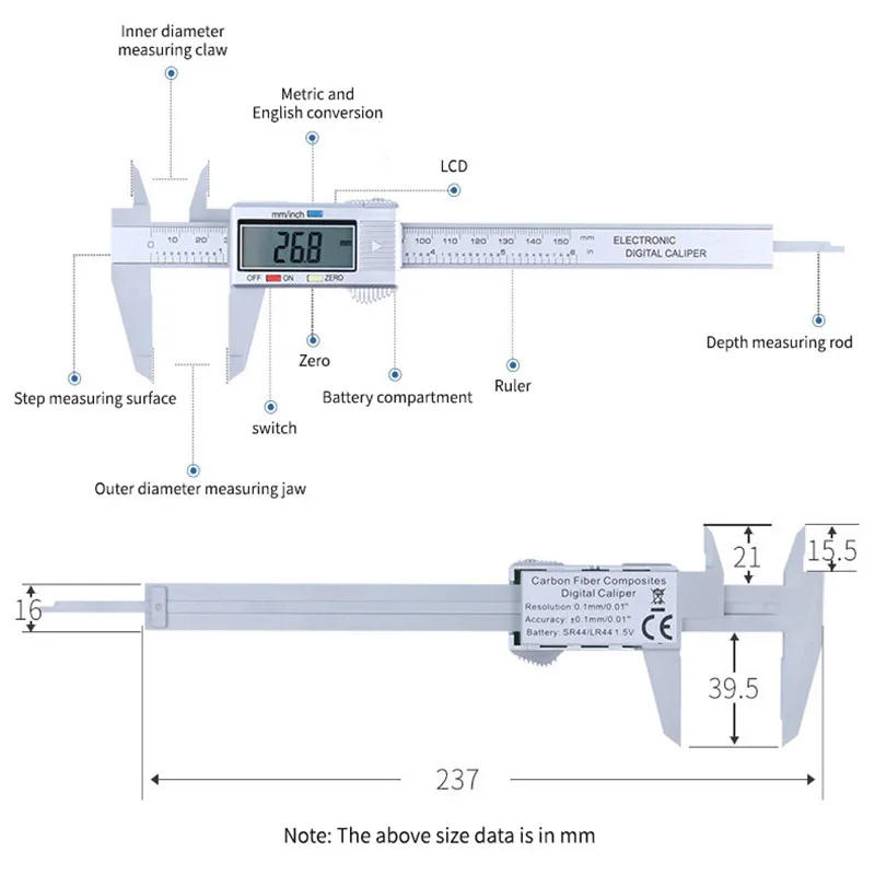 Description Picture 3 of itemDigital Vernier Calipers Measure 150mm 6inch LCD Electronic Carbon Fiber Gauge Height Measuring Instruments Micrometer