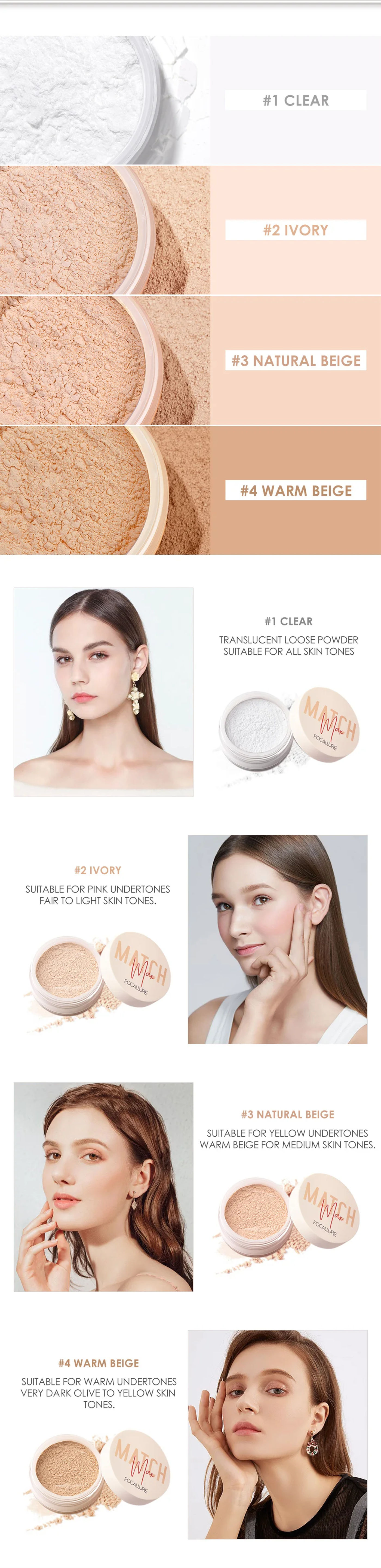 Description Picture 5 of itemWholesale FOCALLURE 4 Colors Minerals Face Loose Powder Waterproof Matte Setting Finish Makeup Oil-control Bake Women Cosmetics