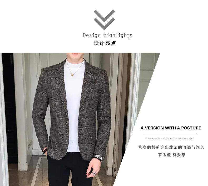 Description Picture 4 of itemFashion Men Clothing High Quality Business Suit Male Slim Fit Plaid Leisure Blazers Man Plaid Jackets Groomsman Party Dress