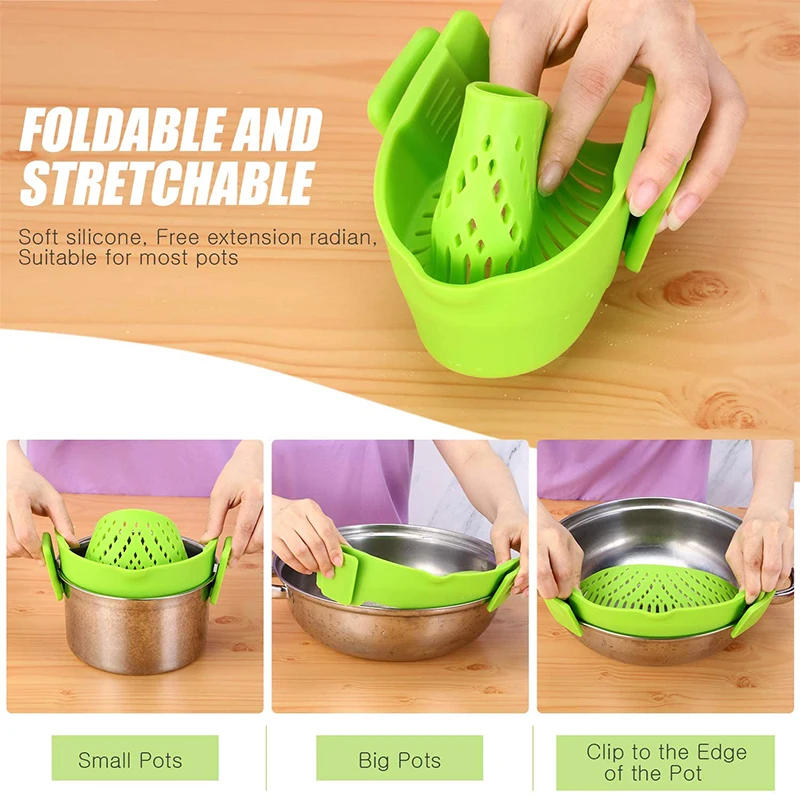 Description Picture 5 of itemKitchen Silicone Drainer Pasta Noodle Pot Colander With Clip Rice Vegetable Fruit Food Washing Draining Pan Strainer Gadgets
