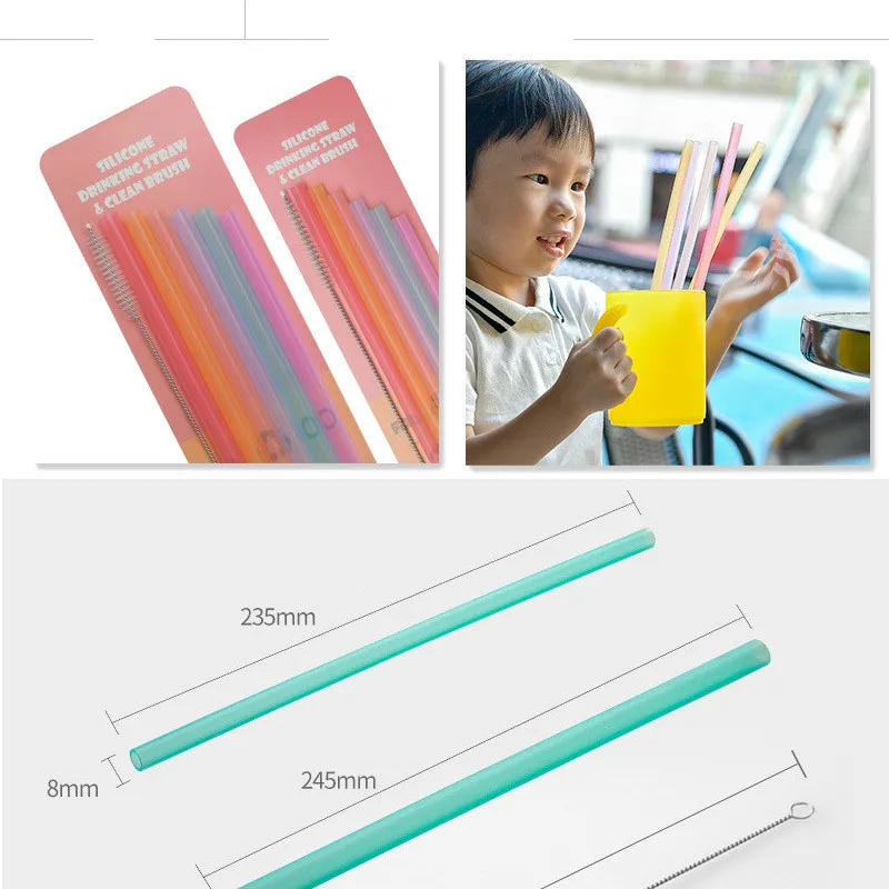 Description Picture 6 of item7pcs/set Creative Seamless Portable Flexible Transparent Silicone Straws Reusable Food Grade Beverage Juice Drinking Milk Straw