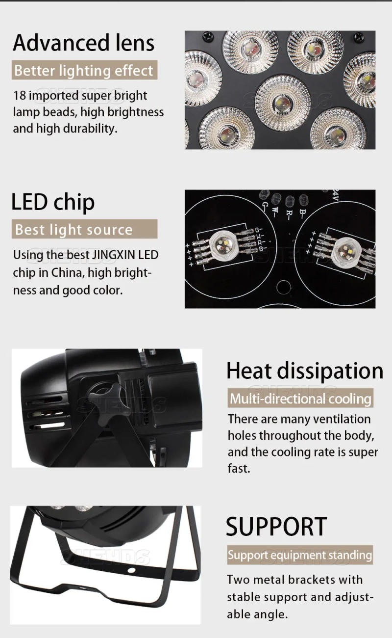 Description Picture 5 of itemAluminum Alloy LED Par 18x12W RGBW 4in1 Can Par 64 LED Spotlight Dj Projector Wash Stage Lighting
