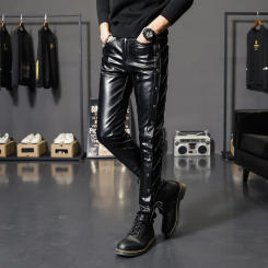 HOO 2024 Men's New Threading Decorative Leather Pants Youth Personality Motorcycle Pants Black PU Leather Pants