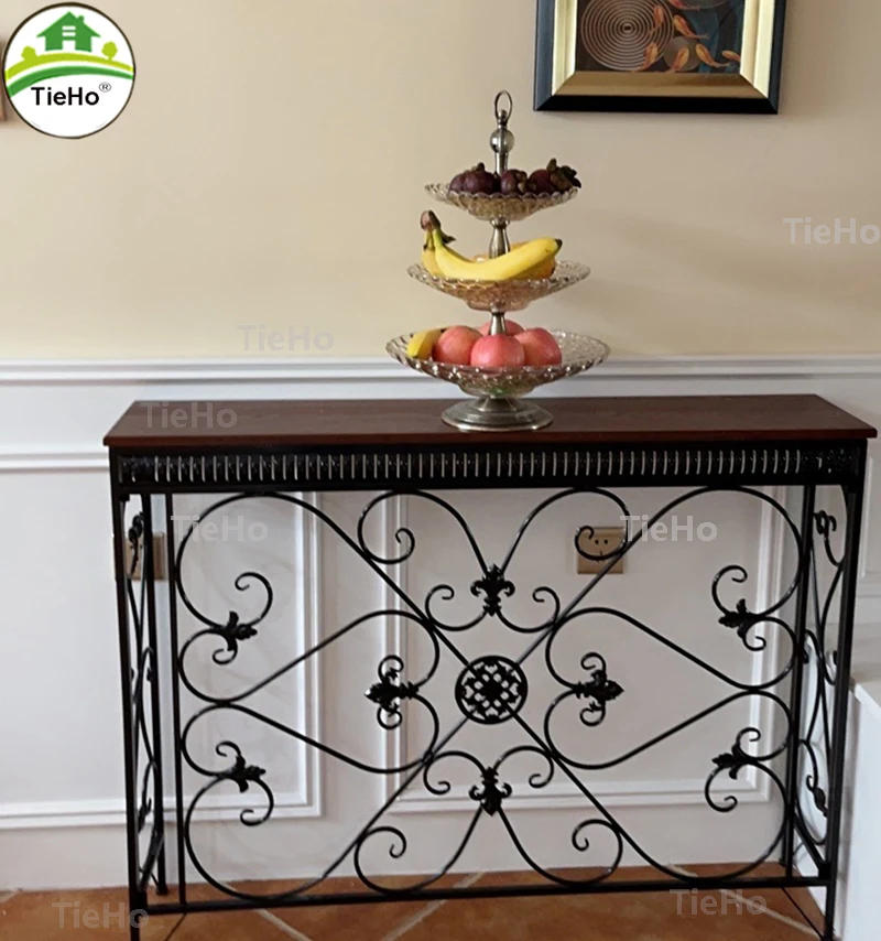 Description Picture 2 of itemTieHo European-style Iron Console Table Porch Narrow Table Side Cabinet Hallway Furniture Iron Flower Frame Design