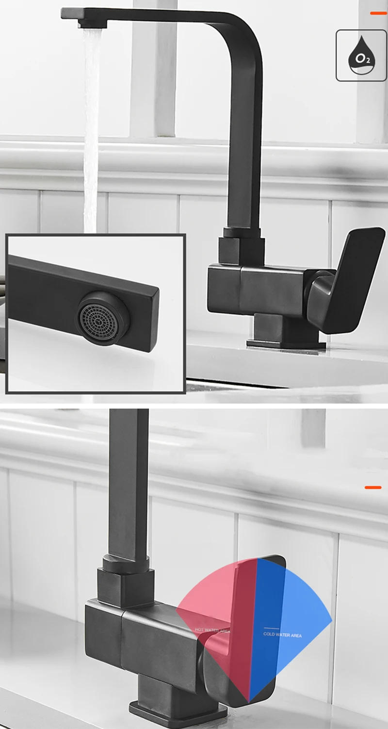 Description Picture 3 of itemBlack Kitchen Faucet 360° Rotating Fold Hot Cold Water Mixer Tap Deck Mount Sink Faucets 304 stainless steel quality Crane