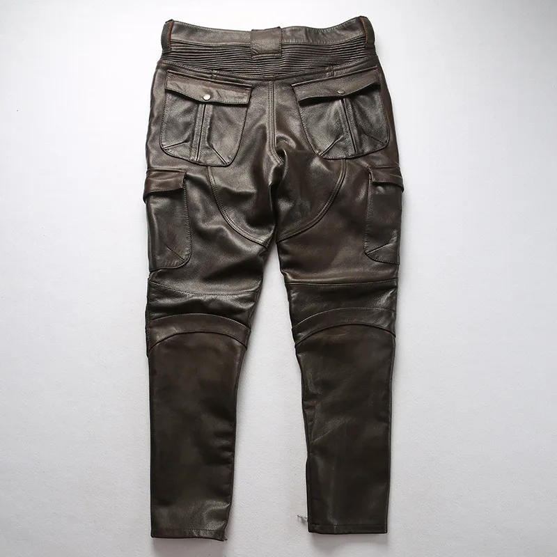 Description Picture 5 of itemMens Motorcycle Biker Genuine Leather Pants Real Cowhide Slim Pencil Design Men Cargo Trousers