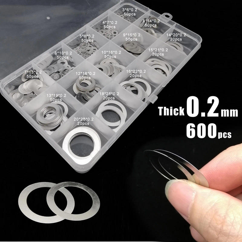 Description Picture 5 of item600pcs M3-M20 304 Stainless Steel 0.1 0.2 0.3mm Ultra Thin Flat Washer Adjusting Ultrathin Shim Plain Gasket Assortment Kit Set