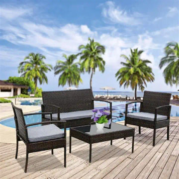 4 PCS Outdoor Patio Rattan Wicker Furniture Set with Table Sofa Cushioned Light Grey