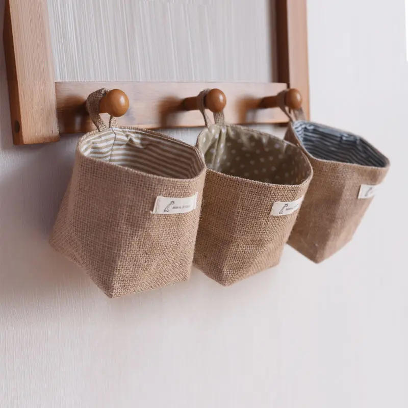 Description Picture 5 of itemHanging Storage Bag Fabric Jute Desktop Storage Bucket Home Office Organizer Flower Pot Small Sack Bathroom Kitchen Basket