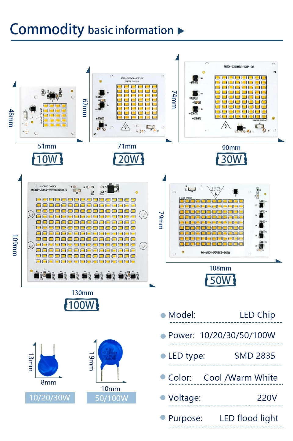 Description Picture 3 of itemLed Lamp 10W 20W 30W 50W 100W Smart IC Floodlight COB Chip SMD 2835 Outdoor Long Service Time DIY Lighting In AC 220V 230V 240V