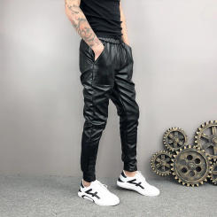 Idopy New Arrival Autumn Winter Mens Korean Hip Hop Faux Leather Harem Pants Drawstring Elastic Waist PU Leather Joggers