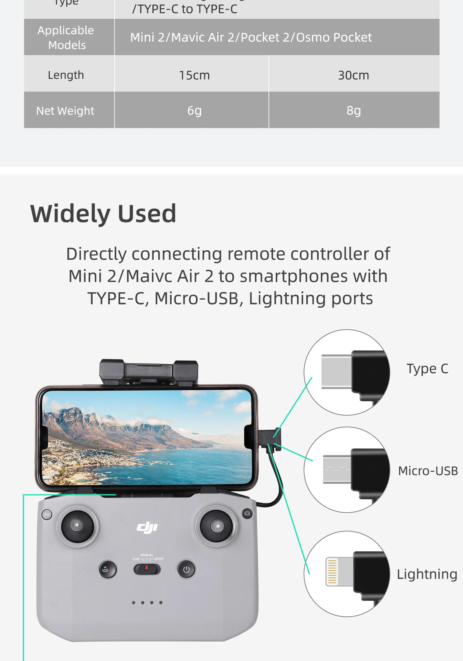 Description Picture 3 of itemPhone Tablet Data Cable for DJI NEO/Mini 4K/4/3 Pro/AIR 3/Mavic 3 Pro/DJI Avata Goggles 2/Mavic 3/Air 2S/FPV V2/Mini 2/Pocket