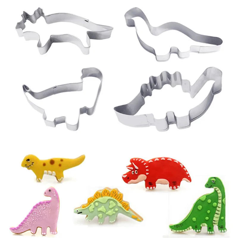 Description Picture 4 of item4 Teile/satz Silber Edelstahl Dinosaurier Tier Fondant Kuchen Cookie Keks Cutter Dekorieren Form Gebäck Backen Werkzeuge