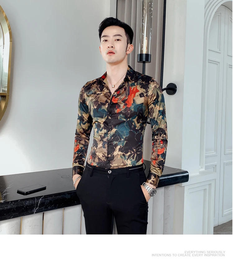 Description Picture 6 of itemLeaf Print Shirt Autumn Men's Business Slim Long Sleeve Tuxedo Shirt Fashion Men's Casual Street Clothing Abstract Print Shirt