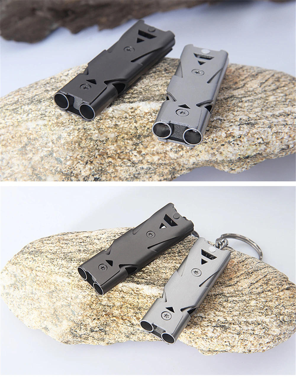 Description Picture 5 of itemOutdoor Survival Whistle High Decibel Double Pipe Whistle Stainless Steel Keychain Cheerleading Emergency Multifunction Tools