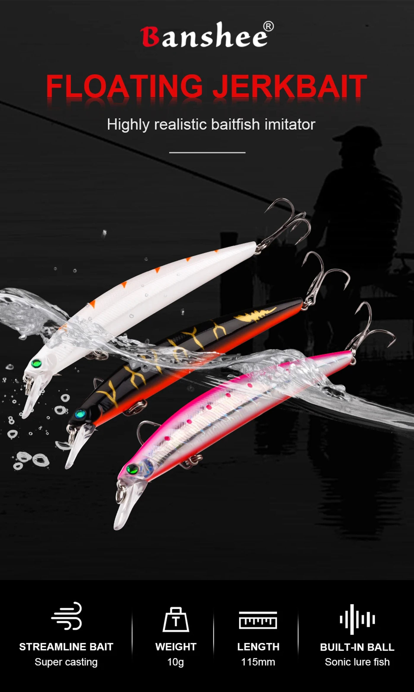 Description Picture 5 of itemBanshee Laser Floating Minnow Fishing Lure Rattling Jerkbait Wobbler For Fish Pike And Perch Artificial Jerk Bait Hard 115mm 10g