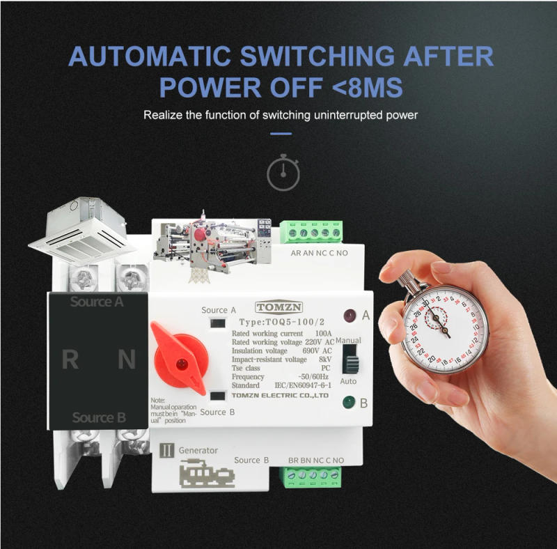 Description Picture 5 of itemDin Rail 2P 3P 4P ATS Dual Power Automatic Transfer Switch Electrical Selector Switches Uninterrupted Power 63A 100A TOMZN Mini