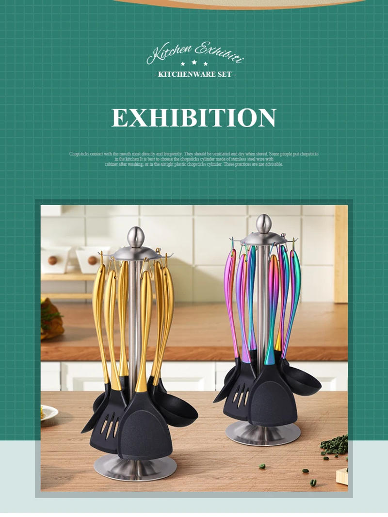 Description Picture 3 of itemGold Cooking Tool Set Silicone Head Kitchenware Stainless Steel Handle Soup Ladle Colander Set Turner Serving Spoon Kitchen Tool