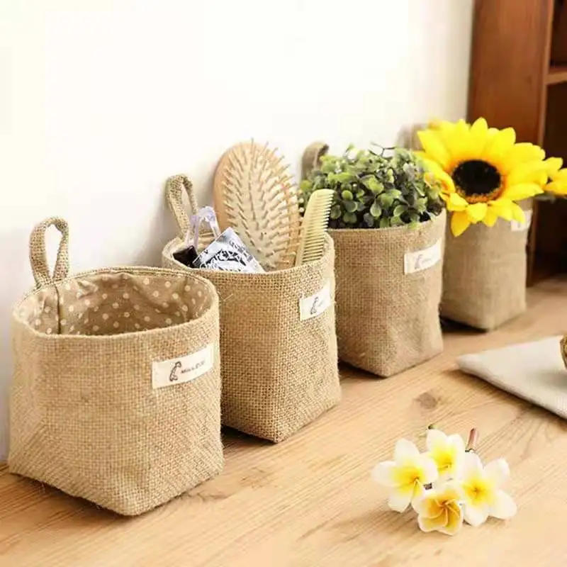 Description Picture 4 of itemHanging Storage Bag Fabric Jute Desktop Storage Bucket Home Office Organizer Flower Pot Small Sack Bathroom Kitchen Basket