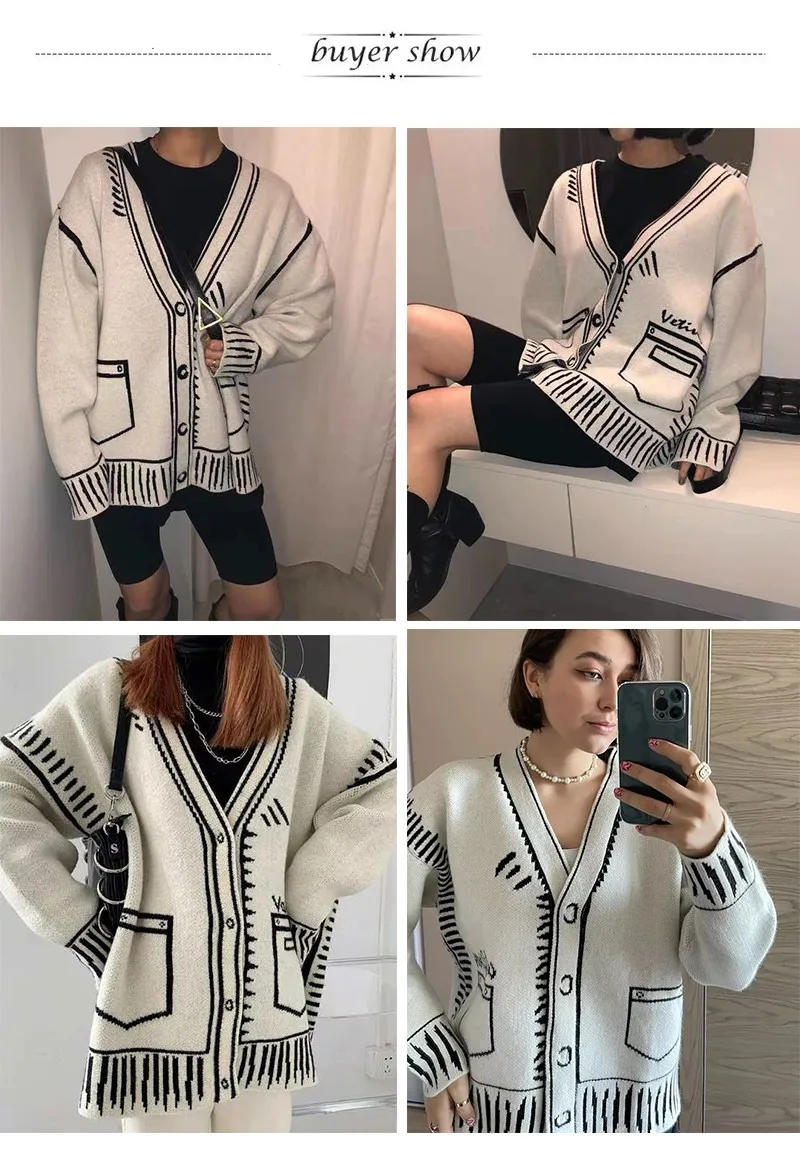 Description Picture 3 of itemKarrram Print Graffiti Unique Cardigan Women Loose V-neck Long Sleeve Luxury Knitted Female Cardigans Coat Y2k 2021 Winter