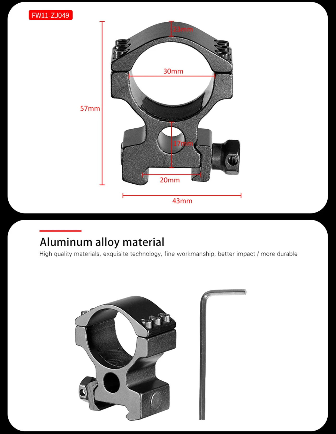 Description Picture 6 of itemScope Mount 30mm Ring Heavy Duty Low Profile 6 Bolts 20mm Weaver Picatinny Rail w/ Hex Wrench for M16 Gun Lasers One not Pair