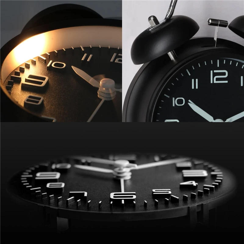 Description Picture 4 of item4 Inch Twin Bell Loud Alarm Clock Metal Frame 3D Dial with Backlight Battery Operate Desk Table Alarm Clock For Home and Office