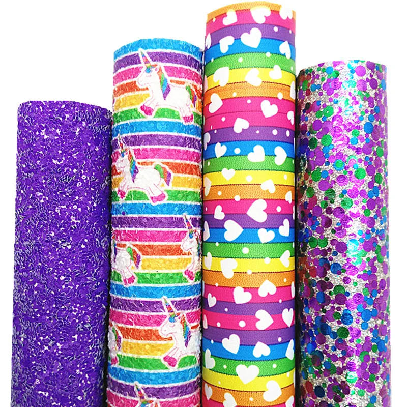 Description Picture 2 of itemPurple Chunky Glitter Leather Unicorn Stripes Glitter Fabric Hearts Printed Synthetic Leather Vinyl Sheets For Bows 21x29CM Q701