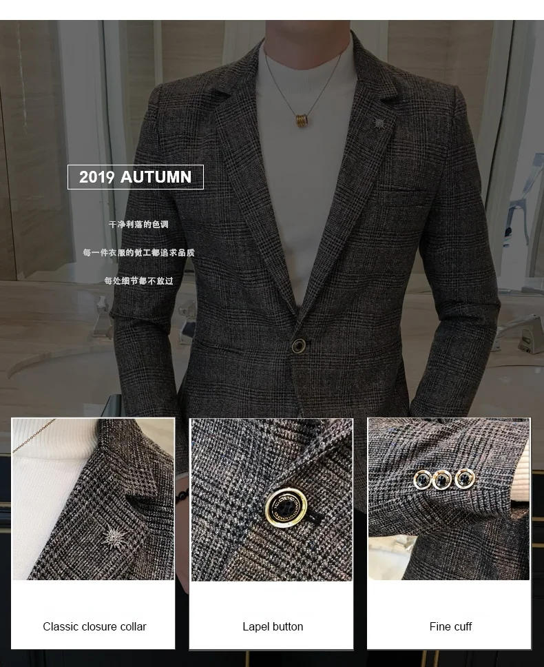 Description Picture 5 of itemFashion Men Clothing High Quality Business Suit Male Slim Fit Plaid Leisure Blazers Man Plaid Jackets Groomsman Party Dress