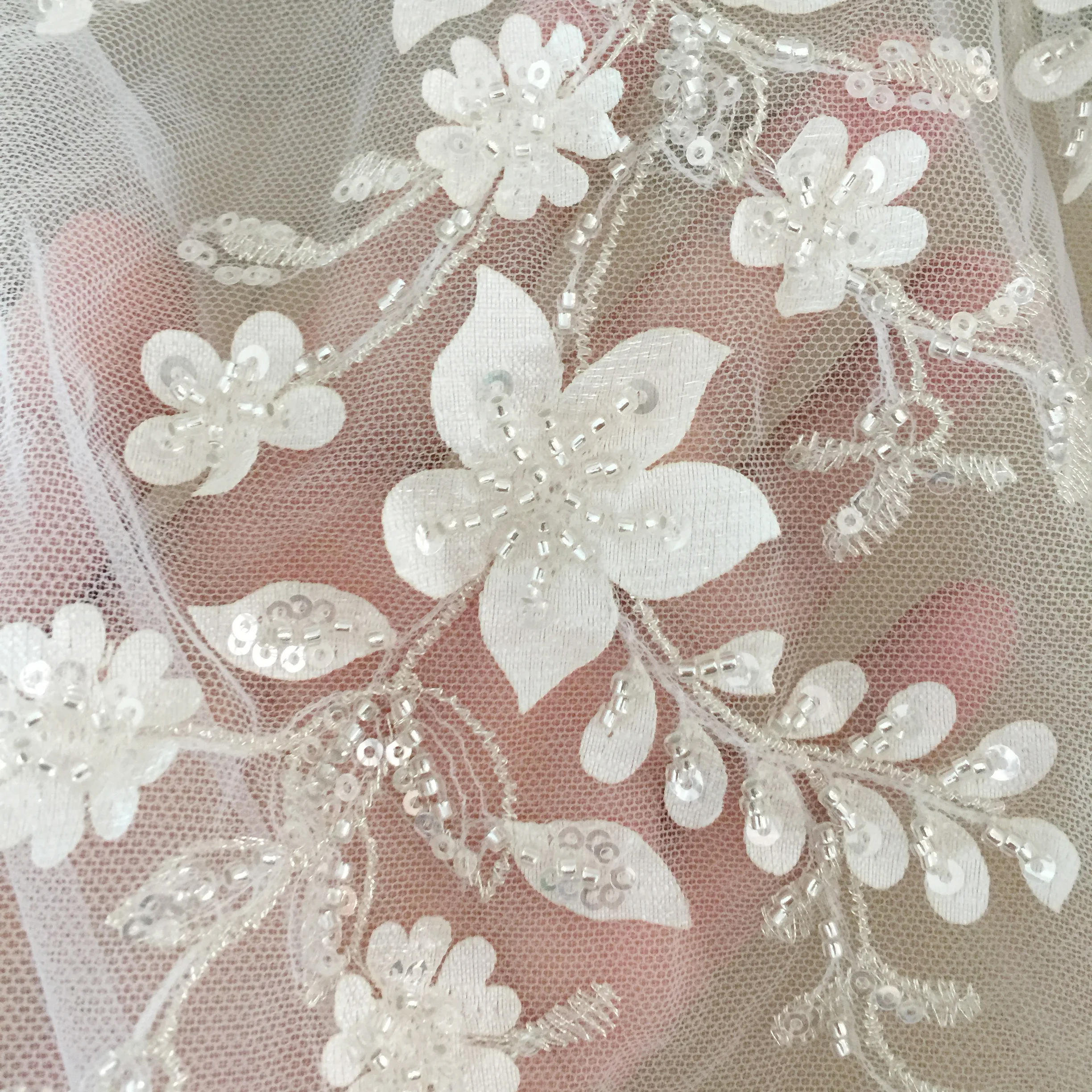 Description Picture 5 of item4Color Luxury Beaded Applique Bridal Lace Fabric Silver Embroidery Flowers and Leaves Sequins High-end Dress Fabric Lace RS3792