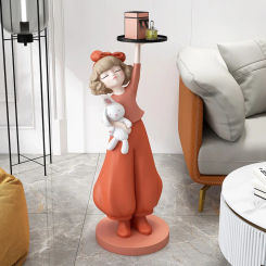 Home Decore Sculptures & Figurines Creative Girl Large Floor Ornaments Wooden Tray FRP Decoration Nordic Living Room Art Statue
