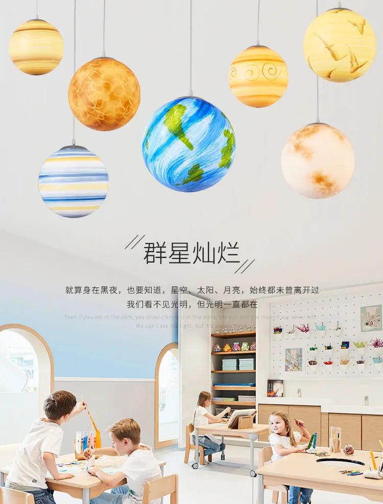 Description Picture 3 of itemNordic Universe Planet Acrylic Pendant Light Moon Sun Earth Mars Uranus Mercury Creative bedroom children room hanging lamp Deco