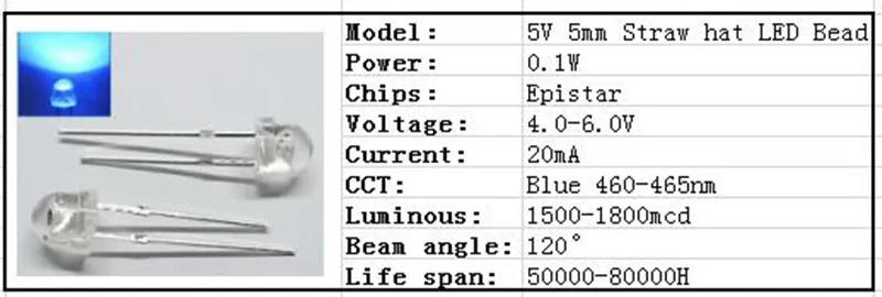Description Picture 6 of item5V 12v LED 5mm 3mm bead SMD f5 f3 hat round lamp dip diodes USB car light white red green blue yellow chip 50pcs