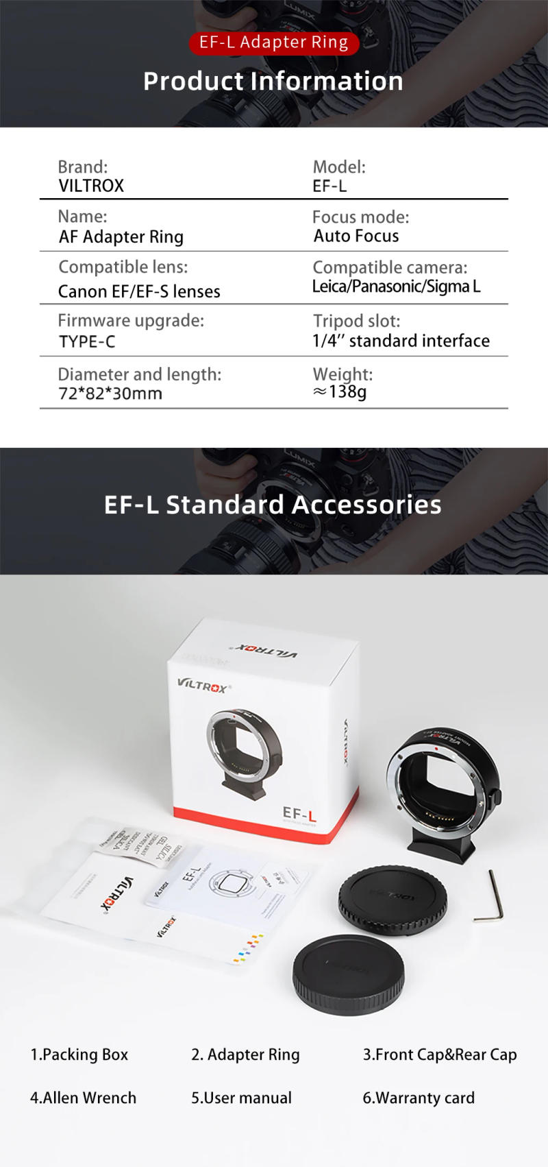 Description Picture 4 of itemVILTROX EF-L Auto Focus Lens Mount Adapter For Canon EF EF-S Lens to L Mount Camera Leica SL2 Panasonic S1 S1R S1H S5