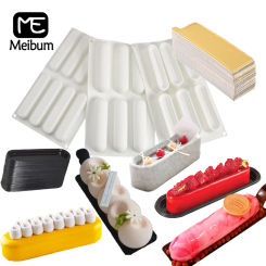 Meibum Eclair Mold Lightning Puff Silicone Cake Moulds Plastic Dessert Pan Cake Cardboard Tray Pastry Baking Tools Bakeware Set