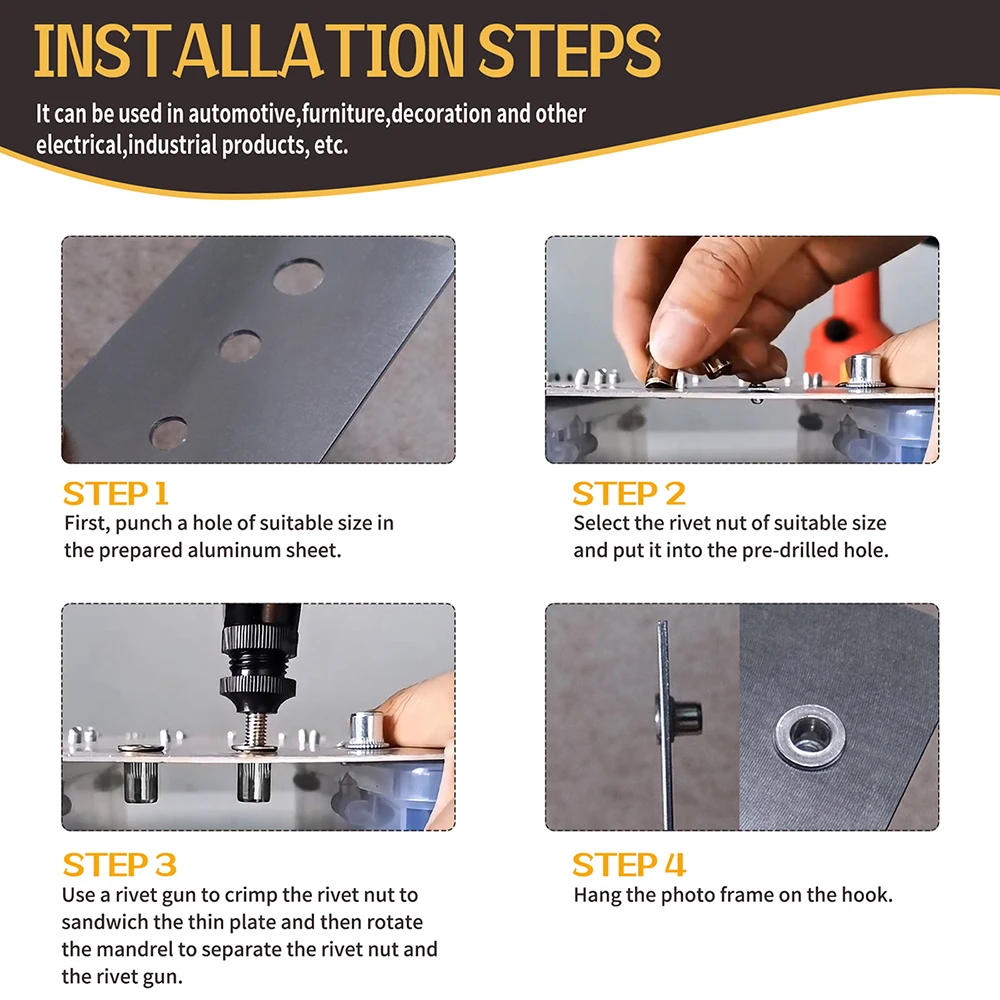 Description Picture 2 of item100PCS  M3 M4 M5 M6 M8 Stainless Steel Rivet Nuts Set Nutserts Threaded Insert Nutsert Cap Flat Head Rivet Nuts Rivnut Tool