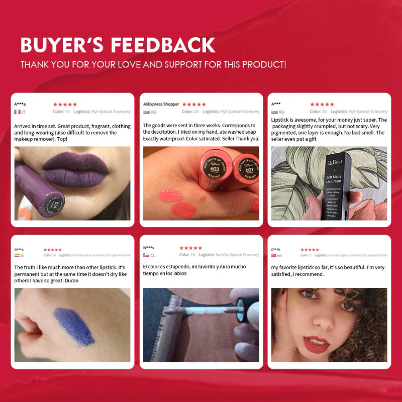 Description Picture 4 of itemQIBEST Matte Liquid Lipstick Waterproof Velvet Nude Red Lip Gloss Tint Long Lasting Black Purple Lipgloss Maquiagem For Women