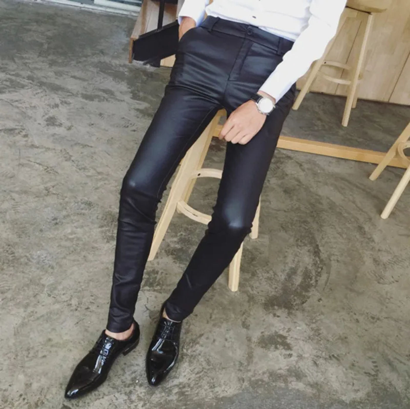 Description Picture 6 of itemSummer Mens Pu Leather Pants Fashion Korean Skinny Pencil Pants Stretchy Office Work Casual Long Trousers Leather Biker Pants
