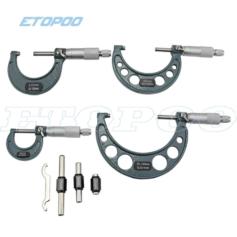 Description Picture 2 of item0-150mm Outside Micrometer Set Ratchet Stop Type 0-100mm (0-25mm/25-50mm/50-75mm/75-100mm) Metal Gauge Standards Caliper Tools