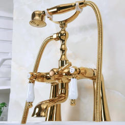 Luxury Gold Color Brass Deck Mounted ClawFoot Bathroom Tub Faucet mixer Tap Dual Ceramic Handles Hand Shower Head ana141