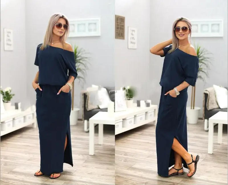 Description Picture 6 of itemSexy Slash neck Side Split Loose Dress Women Summer Long Maxi Dress Short Sleeve Evening Party Dress