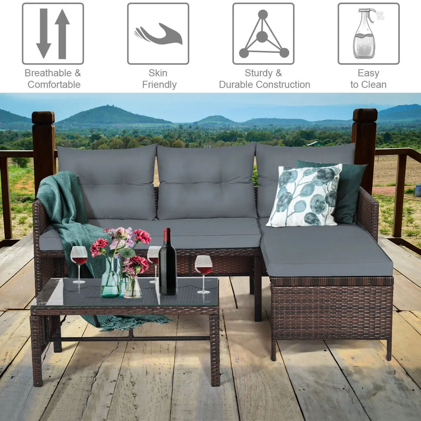 Description Picture 2 of itemCostway 3PCS Patio Wicker Rattan Sofa Set Outdoor Sectional Conversation Set Garden Lawn HW63870