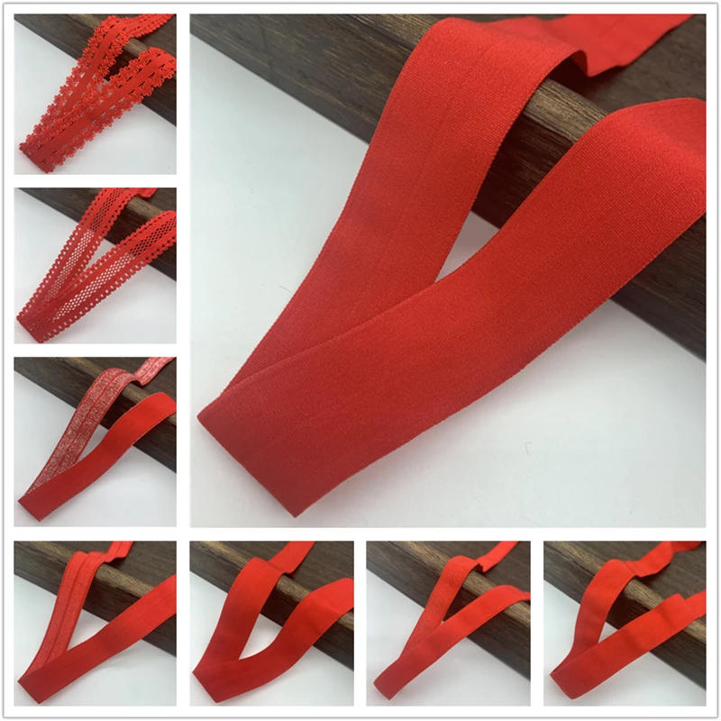 Description Picture 2 of item10/15/20/25mm Red Elastic Ribbon Fold Over Spandex Elastic Band For Sewing Lace Trim Waist Band Garment Accessory