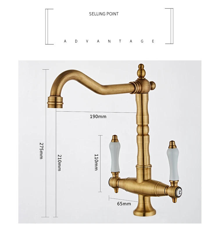 Description Picture 6 of itemFaucet for Kitchen Dual Handle Antique Brass Retro Faucet 360 Degree Rotation Kitchen Sink Taps Deck Mounted Bathroom Sink Mixer