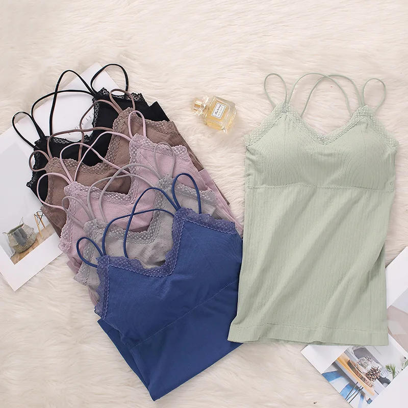 Description Picture 2 of itemWomen Paddwd Tank Top Seamless Underwear Comfort V-neck Cross Strap Bras Summer Lace Beauty Back Camisole Female Vest Tops