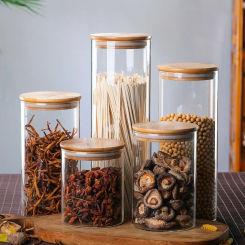 Kitchen Food Container Bamboo Covered High Borosilicate Organizer Sealed Glass Bottle Tank  Miscellaneous Grain Storage Boxes