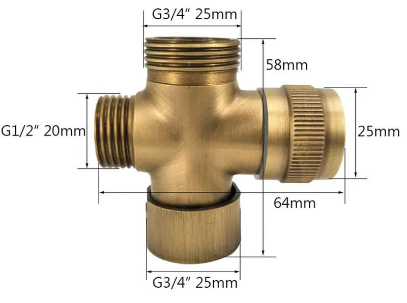 Description Picture 5 of itemBrass Diverter Valve 3 Way BSP 1/2" 3/4" Shower Tee Adapter Adjustable Shower Head Faucet Diversion Valve  Bathroom Accessories