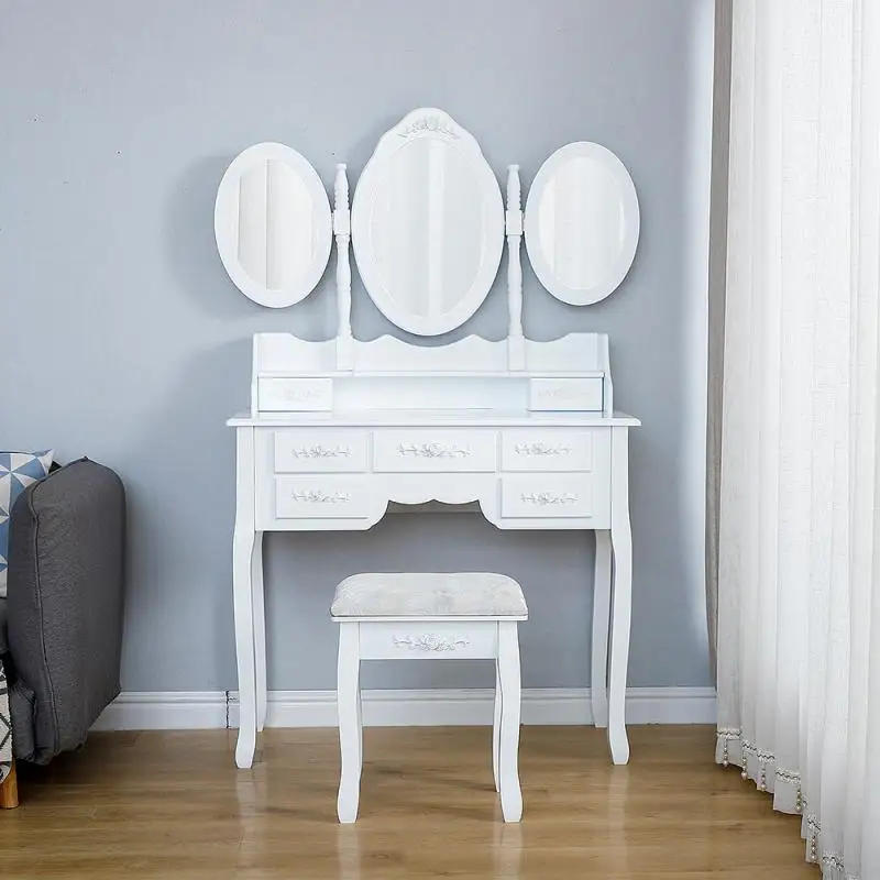 Description Picture 5 of itemDressing Table Stool Bedroom Furniture White Mirror Makeup Table In MDF 7 Drawers 3 Oval Rotatable Mirrors Home Furniture HWC