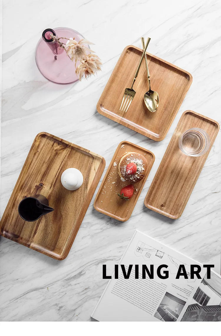 Description Picture 4 of itemAcacia Square Plate Breakfast Bread Plate Saucer Tea Tray Dessert Dinner Plate Tableware Whole Wood Fruit Dishes WF